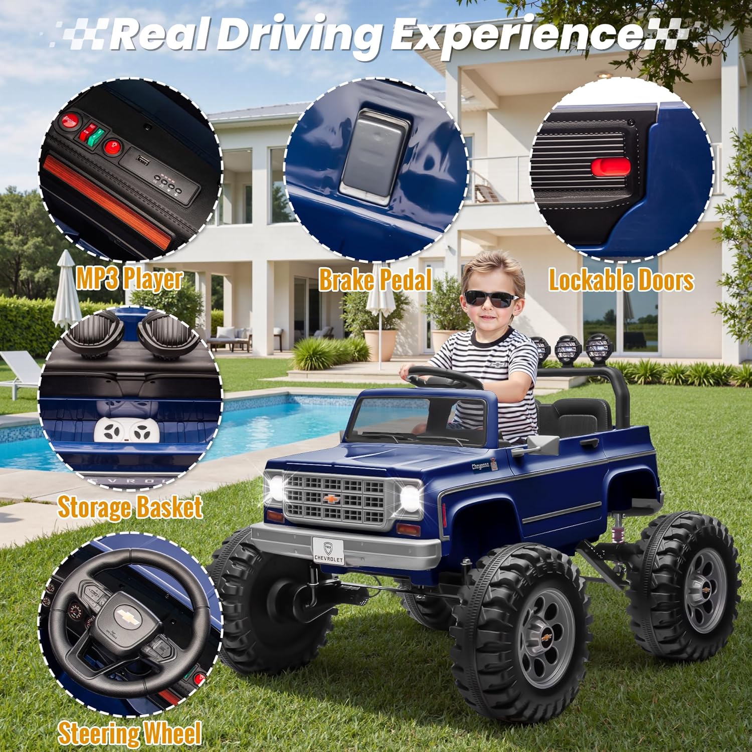 24V Ride on Licensed Chevrolet Cheyenne Truck Car w/400W Motor, 24 Volt Ride on Toys Power Big Wheels for Big Kids, Blue - Image 4