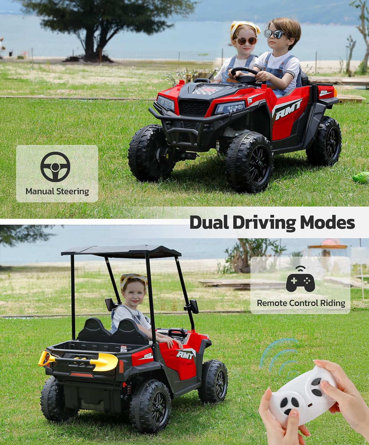 ELEMARA 24V Ride on Toy for Big Kid,Ride on Car 2 Seater w/Sun Shade,Dump Bed & Shovel,4.5MPH,4WD Electric Car for Kids,Battery Car w/Remote,Kids Ride on Truck,3 Speed,LED Lights,Bluetooth, Ruby - Image 8