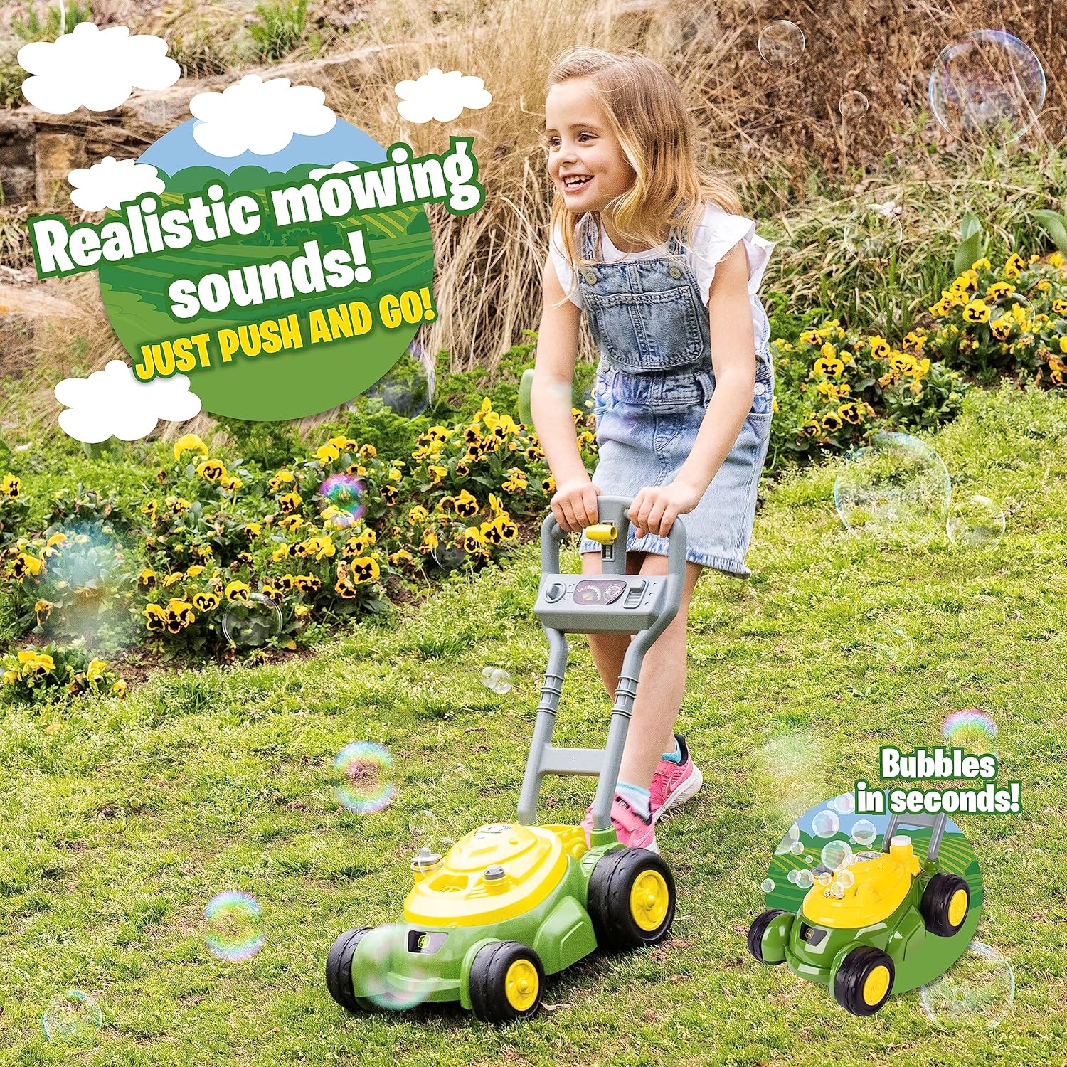 John Deere Bubble Lawn Mower for Toddlers, Bubble Blowing Machines, Indoor and Outdoor Gardening Toy, Birthday, Party Favor for Preschool Girls and Boys, No Batteries Required, 2+ - Image 2