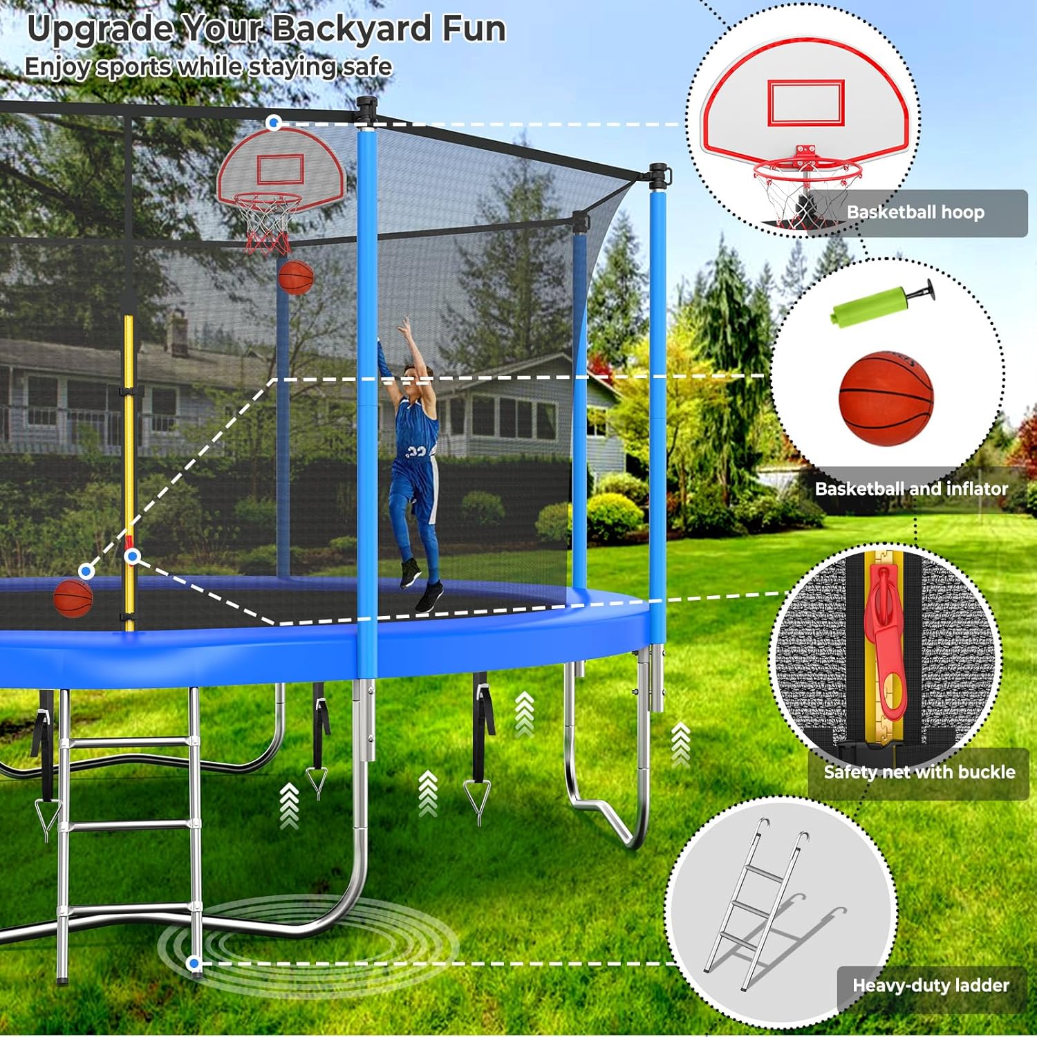 Lyromix Upgraded Trampoline with Lights, Large Outdoor Trampoline with Sprinkler,Basketball Hoop and Net, Capacity for 5-8 Kids and Adults - Image 2