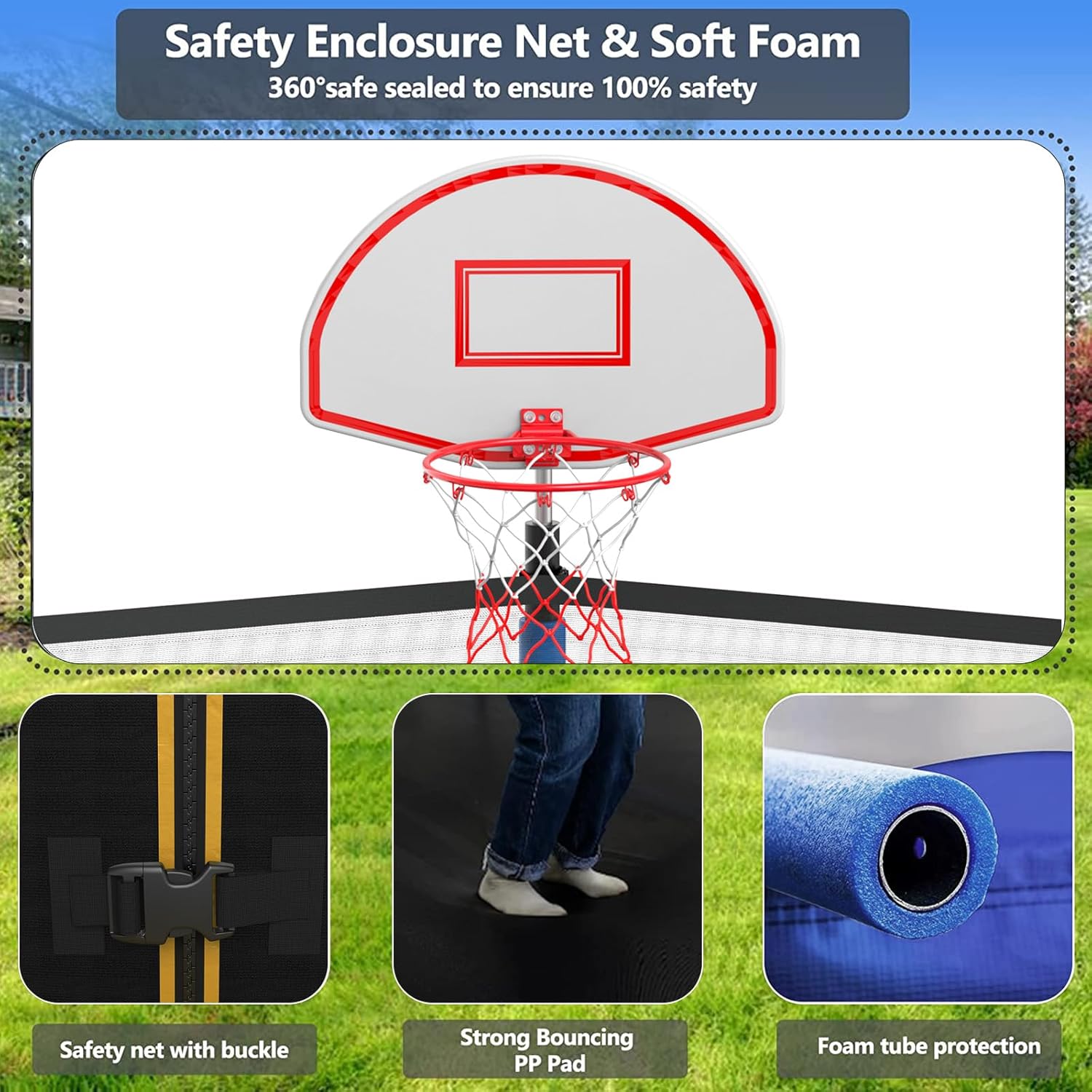 Lyromix Upgraded Trampoline with Lights, Large Outdoor Trampoline with Sprinkler,Basketball Hoop and Net, Capacity for 5-8 Kids and Adults - Image 3