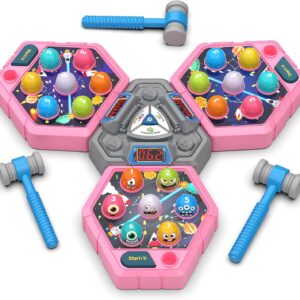 TooLion 3-Player Whack Game Mole for Kids 3-12 Boys Girls – 3 Independent Game Boards,3 Modes with Sound & Light,Safe Educational Pounding Toy,Christmas Birthday Gift for Multi-Kid Families,Pink