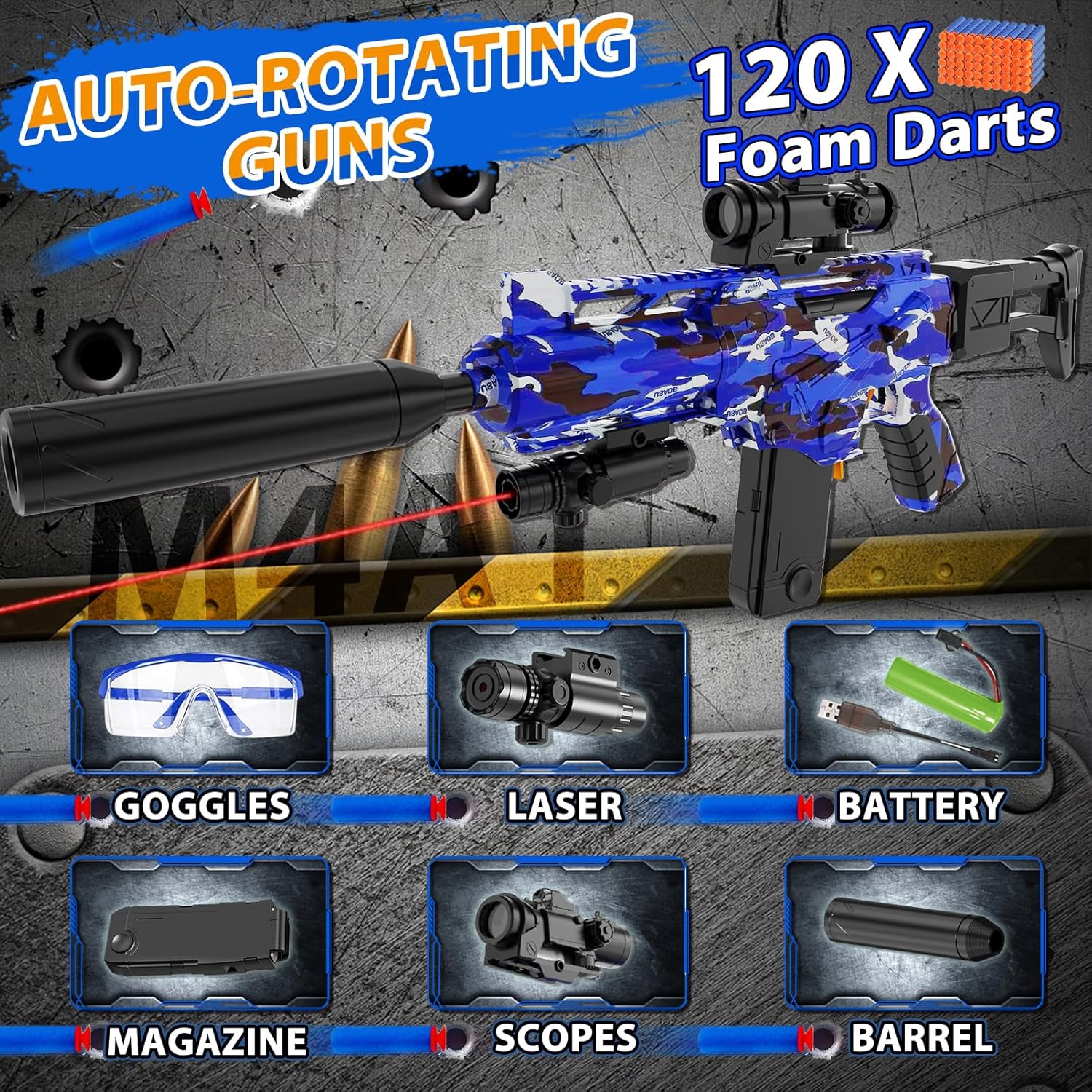 Automatic Toy Foam Blaster Sniper with Scope, Electric Toy Dart Blaster with 120 Foam Darts, Goggles, Air Pocket Technology Outdoor Game Kids Toys for Ages 8-12 Boys Girls- Blue - Image 2