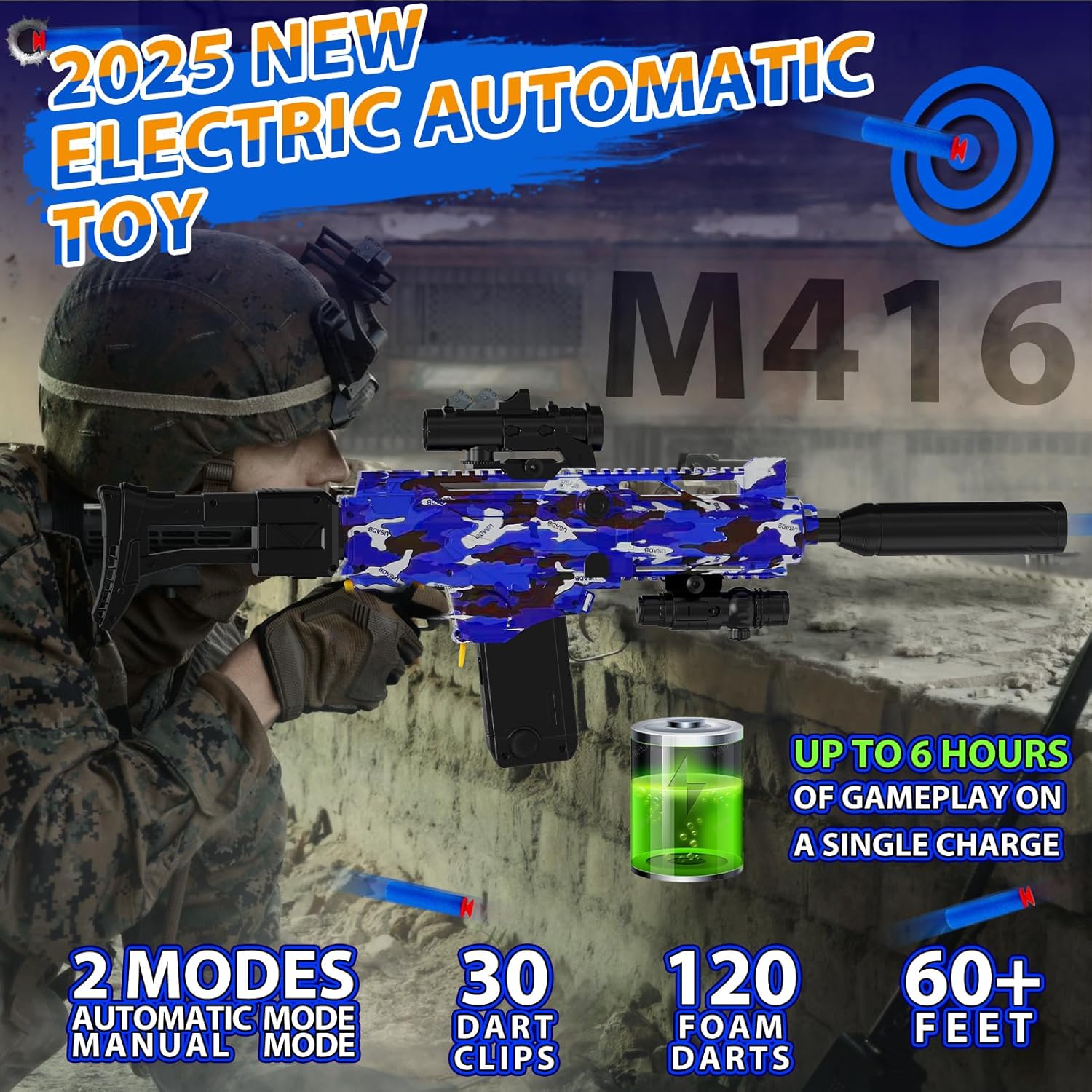 Automatic Toy Foam Blaster Sniper with Scope, Electric Toy Dart Blaster with 120 Foam Darts, Goggles, Air Pocket Technology Outdoor Game Kids Toys for Ages 8-12 Boys Girls- Blue - Image 3