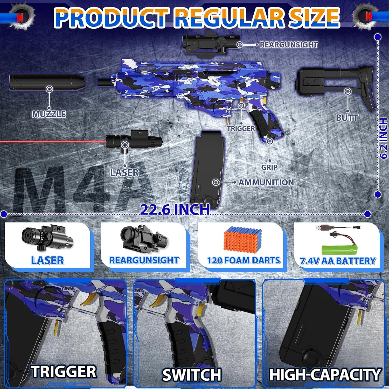Automatic Toy Foam Blaster Sniper with Scope, Electric Toy Dart Blaster with 120 Foam Darts, Goggles, Air Pocket Technology Outdoor Game Kids Toys for Ages 8-12 Boys Girls- Blue - Image 4