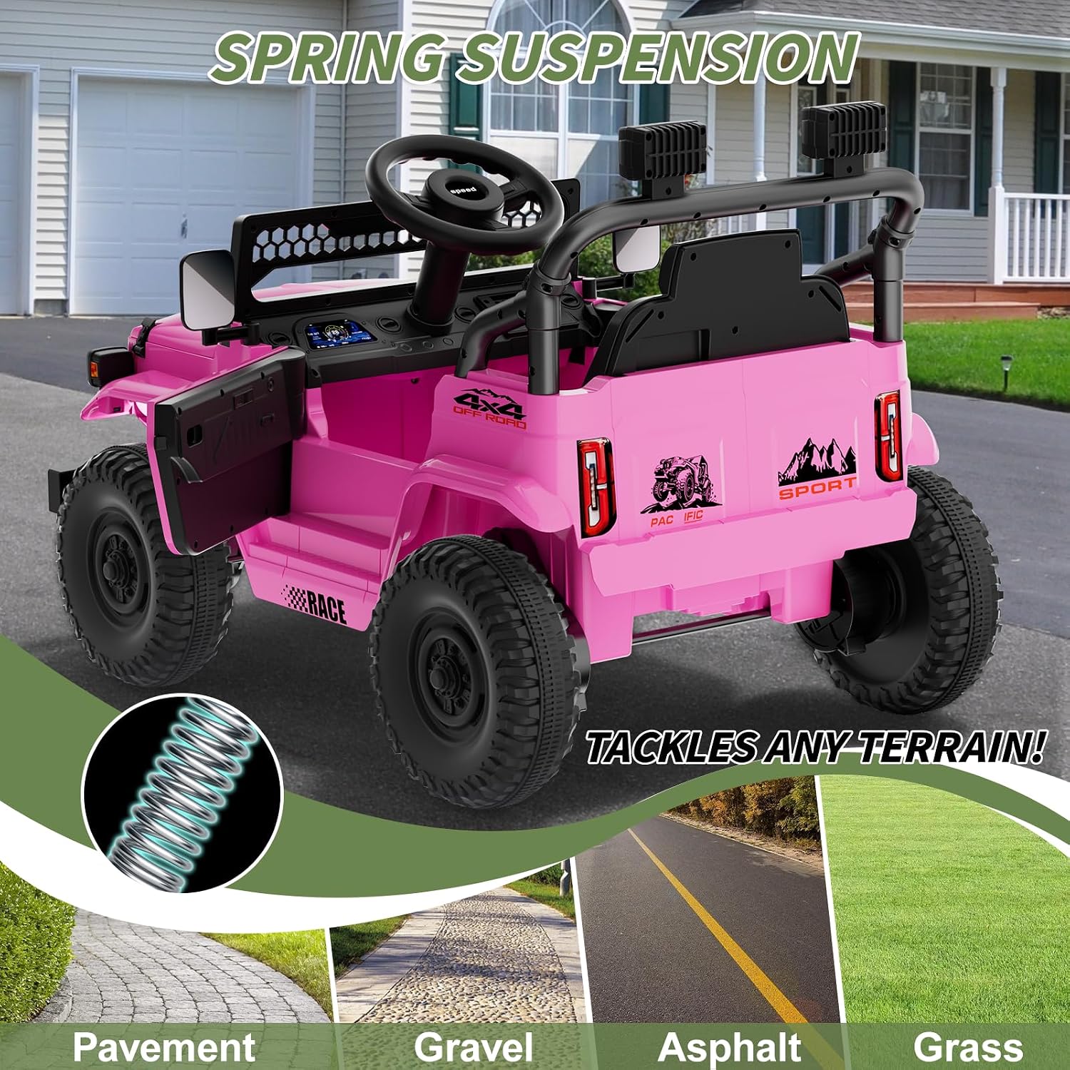 12V 7Ah Ride On Car with Remote Control for Girls,3 Speeds,Outdoor Electric Car Toys for Toddlers 1-3,Kids 3-5,Battery Powered,Spring Suspension,LED Lights,Music (Pink) - Image 5