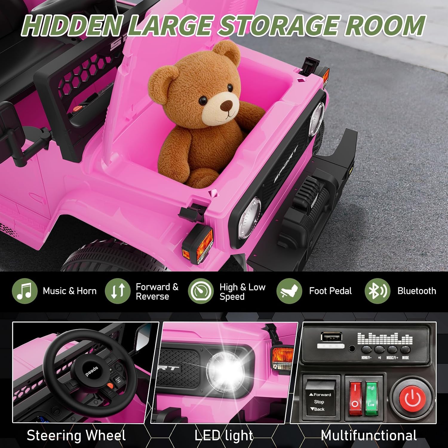 12V 7Ah Ride On Car with Remote Control for Girls,3 Speeds,Outdoor Electric Car Toys for Toddlers 1-3,Kids 3-5,Battery Powered,Spring Suspension,LED Lights,Music (Pink) - Image 6