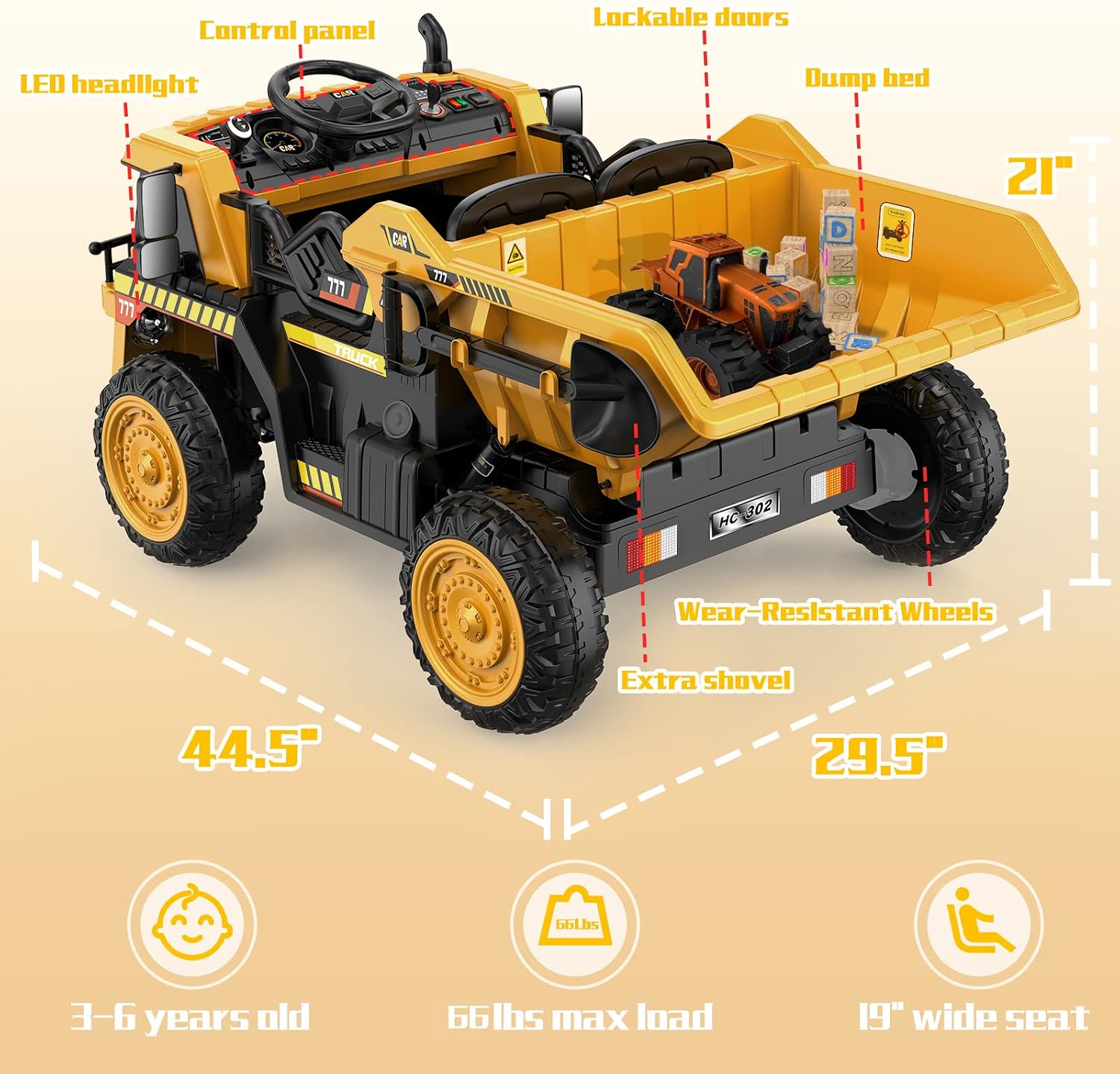 ANPABO Ride on Dump Truck, Ride on Car with Remote Control, Electric Dump Bed and Extra Shovel, Ride on Construction Vehicle with Music Player, Key Start for Safety, Ideal Gift for Kids - Image 6
