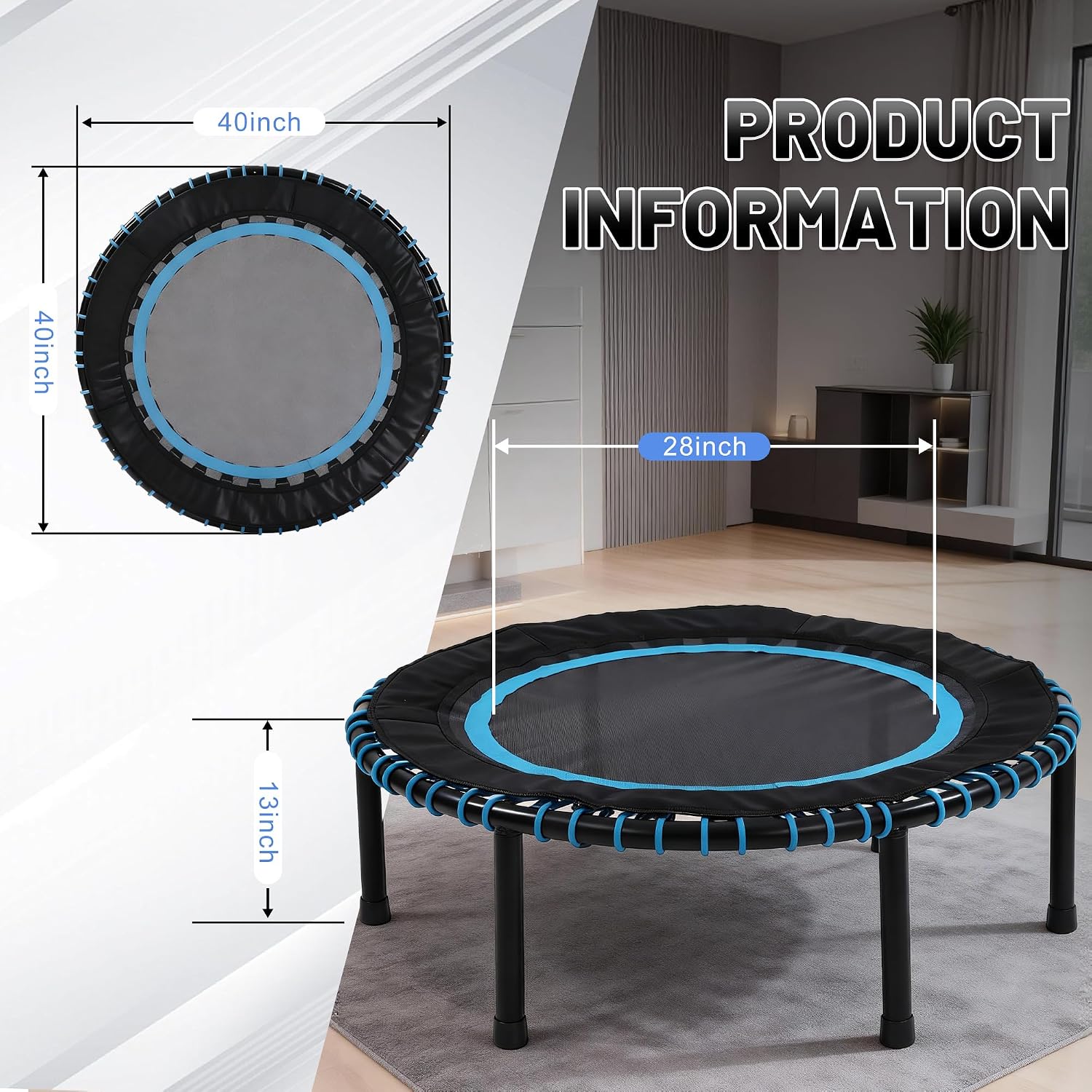 40"/48" Fitness Rebounder Trampoline with 4-Level Adjustable Foam Handle, Quiet and Stable Exercise Trampoline for Kids Adults, Indoor/Outdoor Mini Trampoline - Image 2