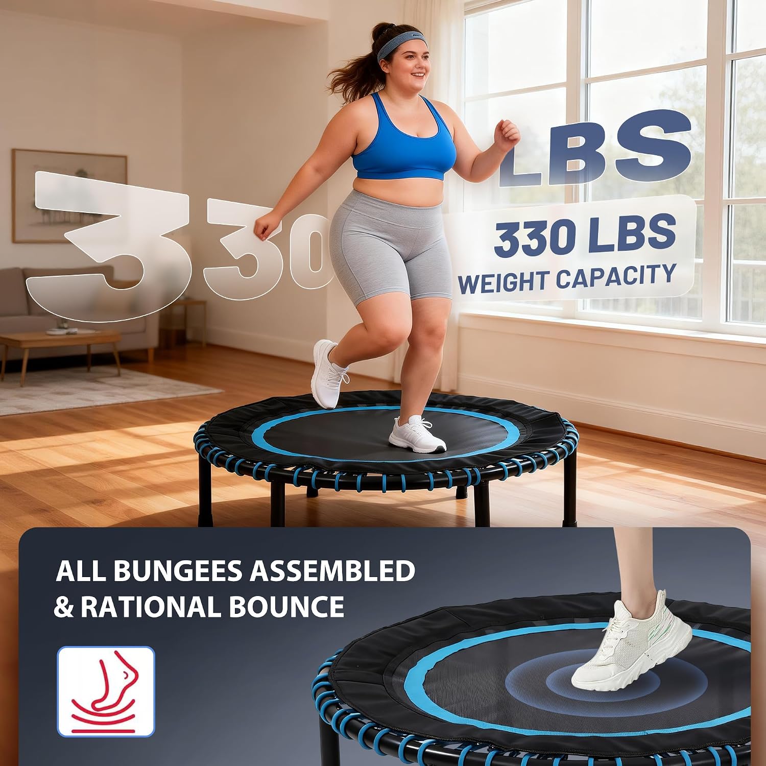 40"/48" Fitness Rebounder Trampoline with 4-Level Adjustable Foam Handle, Quiet and Stable Exercise Trampoline for Kids Adults, Indoor/Outdoor Mini Trampoline - Image 4