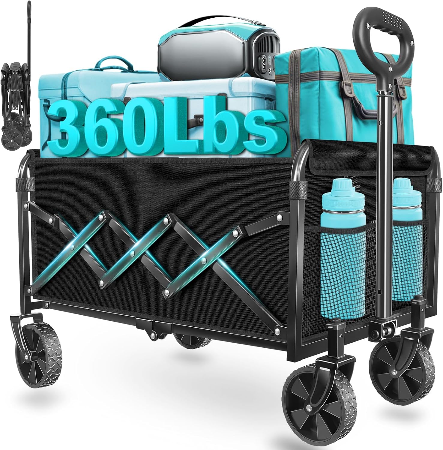 Wagons Carts Foldable, Collapsible Wagon with Wheels — Foldable Wagon for Groceries,Picnic,Beach,Camping, Small Hauls, Apartment Moving Storage, Portable Utility Folding Wagon Cart, 360lbs,Jet Black