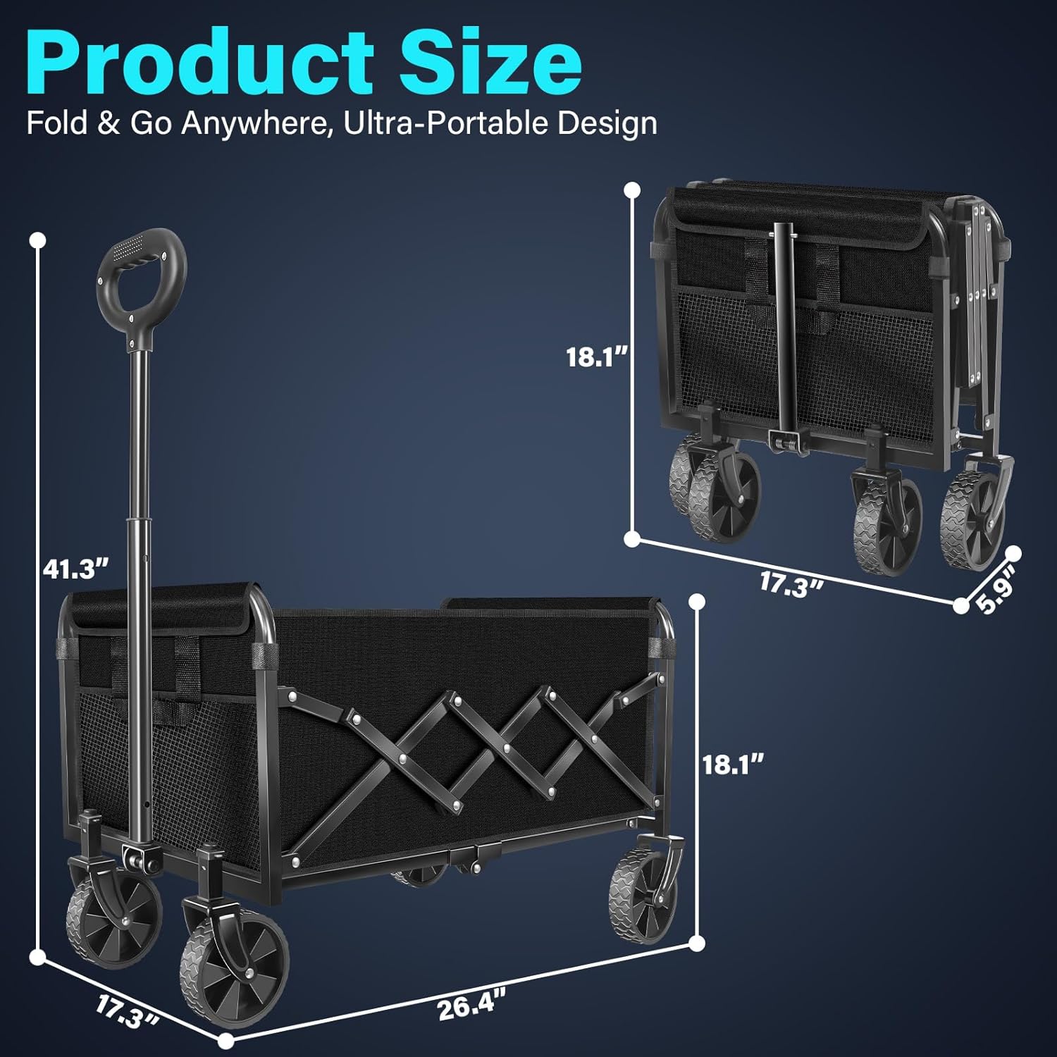 Wagons Carts Foldable, Collapsible Wagon with Wheels — Foldable Wagon for Groceries,Picnic,Beach,Camping, Small Hauls, Apartment Moving Storage, Portable Utility Folding Wagon Cart, 360lbs,Jet Black - Image 2