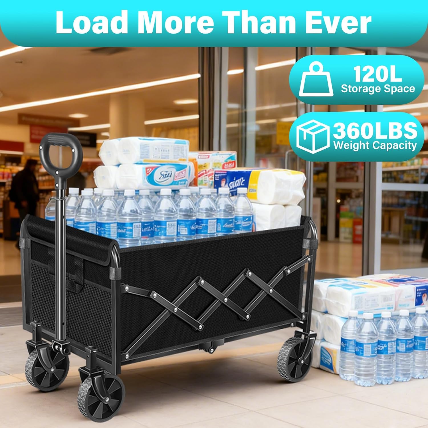 Wagons Carts Foldable, Collapsible Wagon with Wheels — Foldable Wagon for Groceries,Picnic,Beach,Camping, Small Hauls, Apartment Moving Storage, Portable Utility Folding Wagon Cart, 360lbs,Jet Black - Image 3