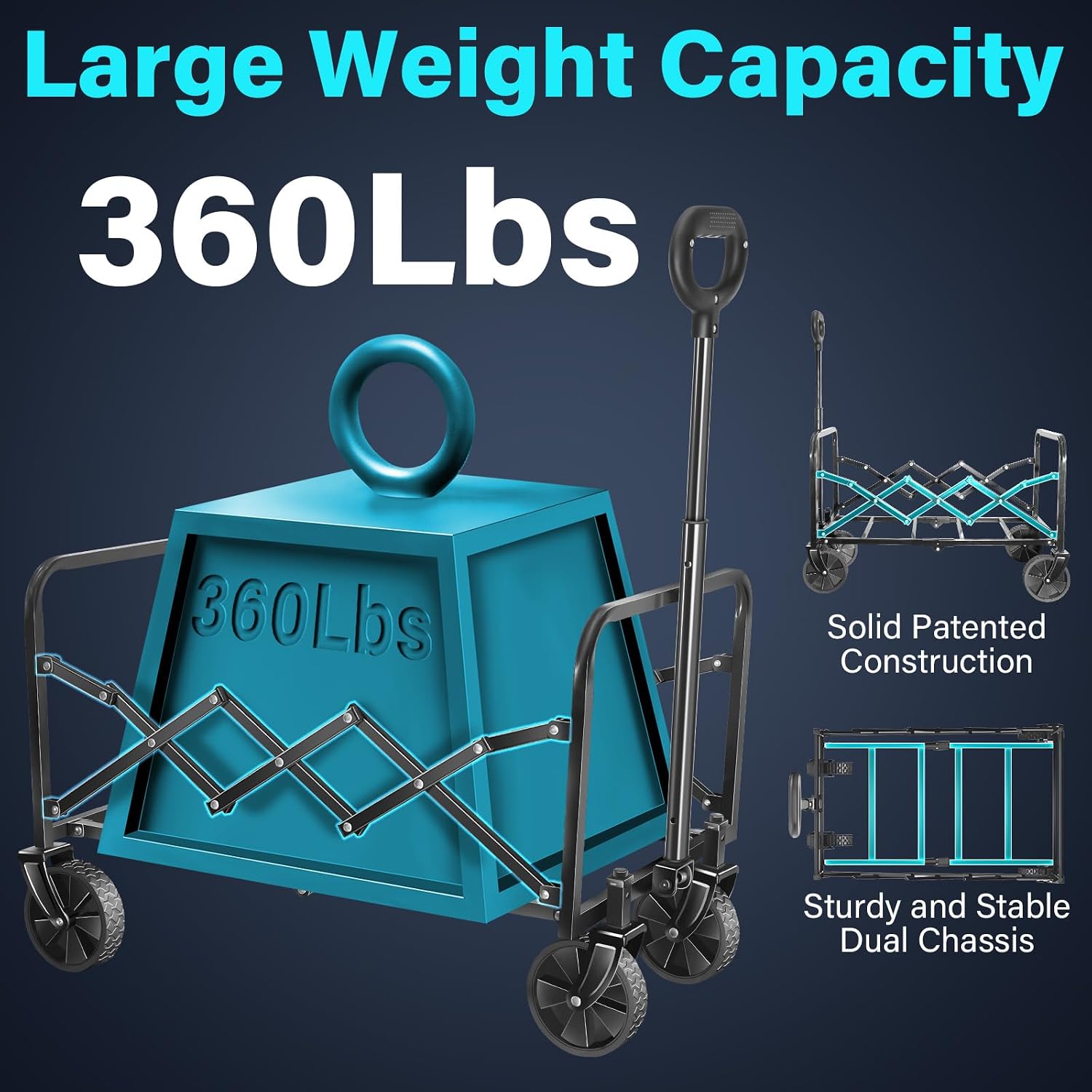 Wagons Carts Foldable, Collapsible Wagon with Wheels — Foldable Wagon for Groceries,Picnic,Beach,Camping, Small Hauls, Apartment Moving Storage, Portable Utility Folding Wagon Cart, 360lbs,Jet Black - Image 8