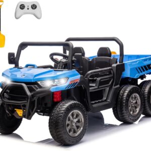 sopbost 2 Seater 24V Kids Ride On Truck with Electric Dump Bed, 4WD Battery Powered Ride On Toy Car with Remote Control, Extra Shovel, Music Play, EVA Tires Wheels, Blue