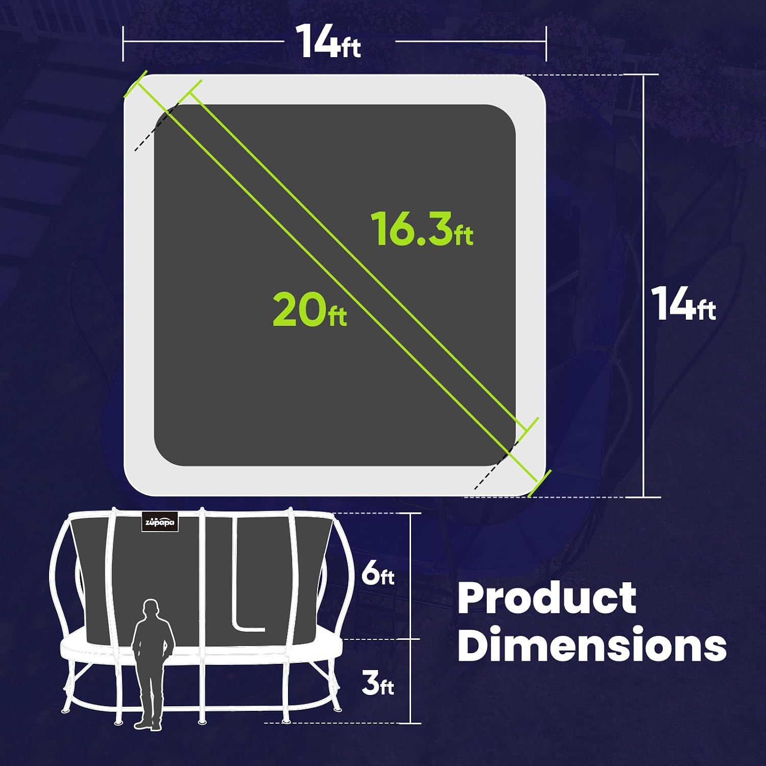 Zupapa Square Rectangle Trampoline 2000LBS Capacity No-Gap Design 14X14FT Outdoor Trampoline with Safety Net and Non-Slip Ladder 10-Year Quality Assurance Perfect for Backyard Fun - Image 9