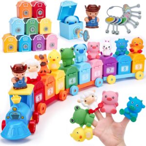 hahaland Toddler Learning Toys for 2 3 Year Old-Counting Matching & Sorting Activity Montessori Train Set with Farm Animals Finger Puppets Keys to Lock and Unlock Barn Birthday Easter Basket Stuffers
