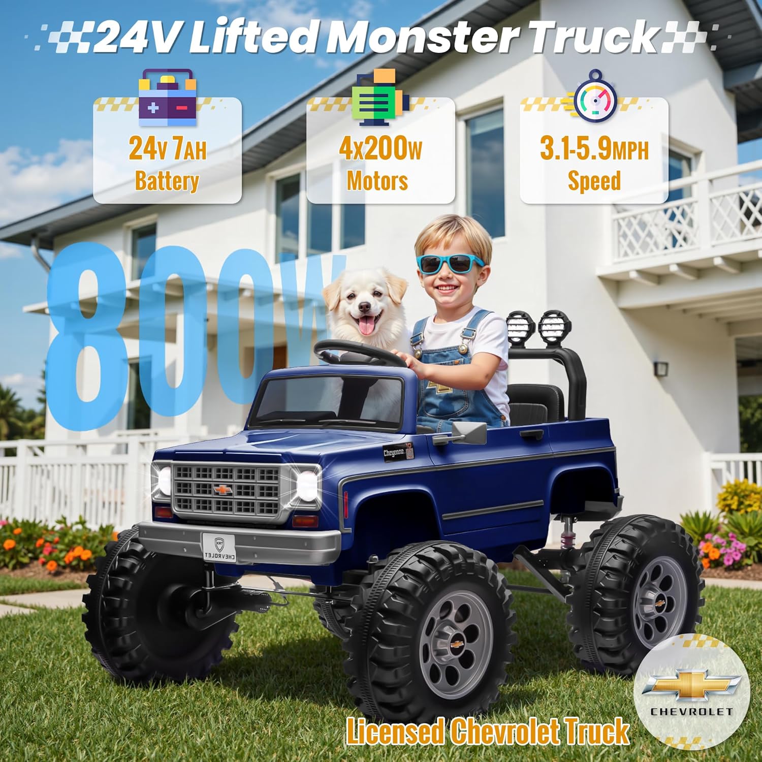 24V Ride on Car, Licensed Chevrolet Cheyenne Truck w/800W Motors, Remote Control, Decoration Streamer, 24 Volt Ride on Toys Power Big Wheels for Big Kids, Blue - Image 2