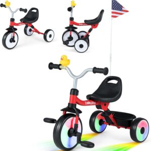 BABY JOY Toddler Bike, Folding Kids Tricycle w/Glowing Wheels, Flag, 3-Position Seat, Storage Basket & Squeaky Duck, Baby Trike Balance Bike for 1-3 Years Old Boys Girls Outdoor Play (Red)