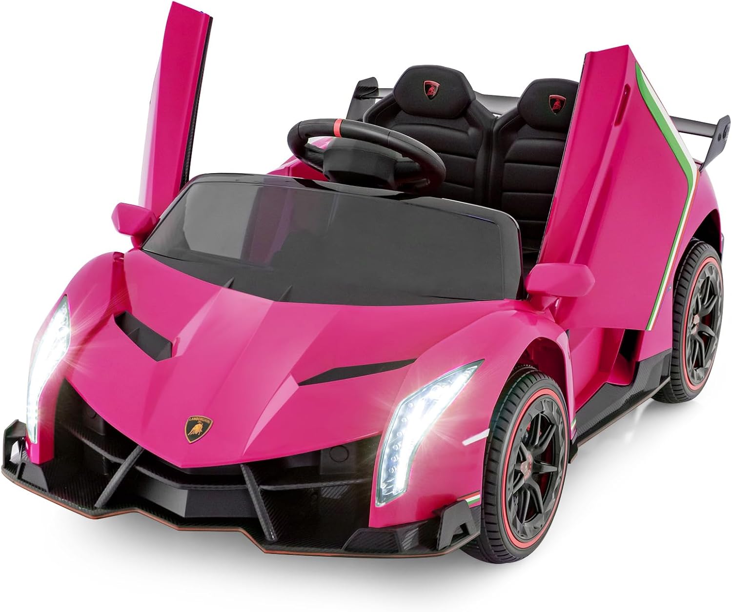 OLAKIDS 2 Seater Kids Ride On Car, 12V 4WD Licensed Lamborghini Veneno Electric Vehicle with Remote Control, Toddlers Battery Powered Toy Gift with 2 Speeds, Rocking Mode, Music, USB, MP3 (Pink)
