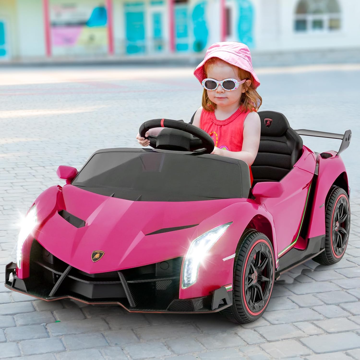 OLAKIDS 2 Seater Kids Ride On Car, 12V 4WD Licensed Lamborghini Veneno Electric Vehicle with Remote Control, Toddlers Battery Powered Toy Gift with 2 Speeds, Rocking Mode, Music, USB, MP3 (Pink) - Image 2
