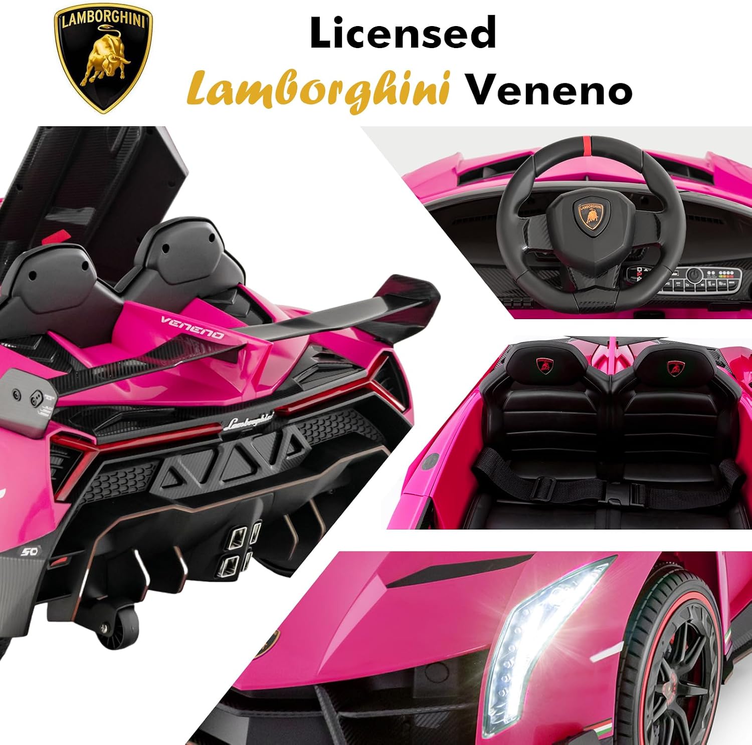 OLAKIDS 2 Seater Kids Ride On Car, 12V 4WD Licensed Lamborghini Veneno Electric Vehicle with Remote Control, Toddlers Battery Powered Toy Gift with 2 Speeds, Rocking Mode, Music, USB, MP3 (Pink) - Image 3
