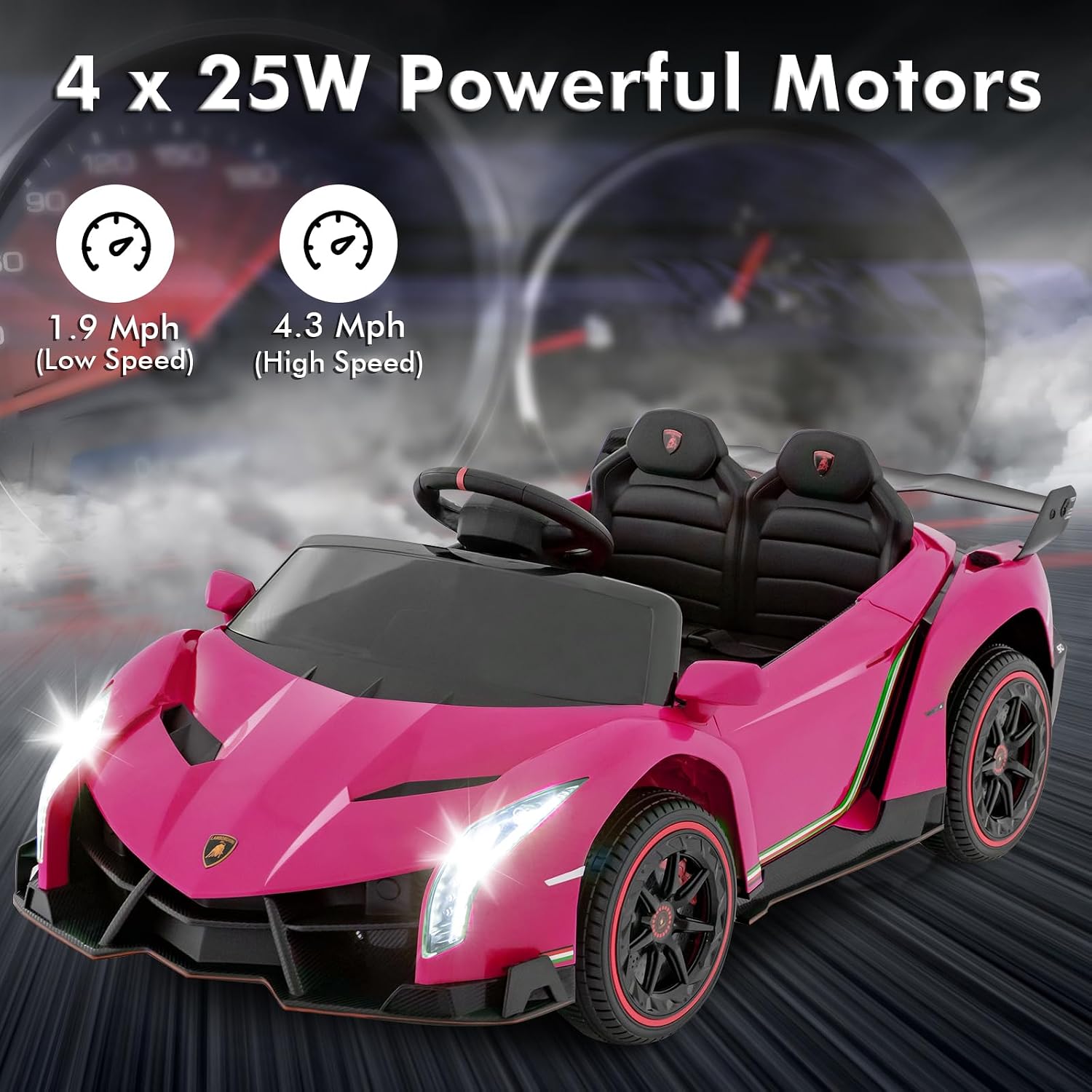 OLAKIDS 2 Seater Kids Ride On Car, 12V 4WD Licensed Lamborghini Veneno Electric Vehicle with Remote Control, Toddlers Battery Powered Toy Gift with 2 Speeds, Rocking Mode, Music, USB, MP3 (Pink) - Image 4