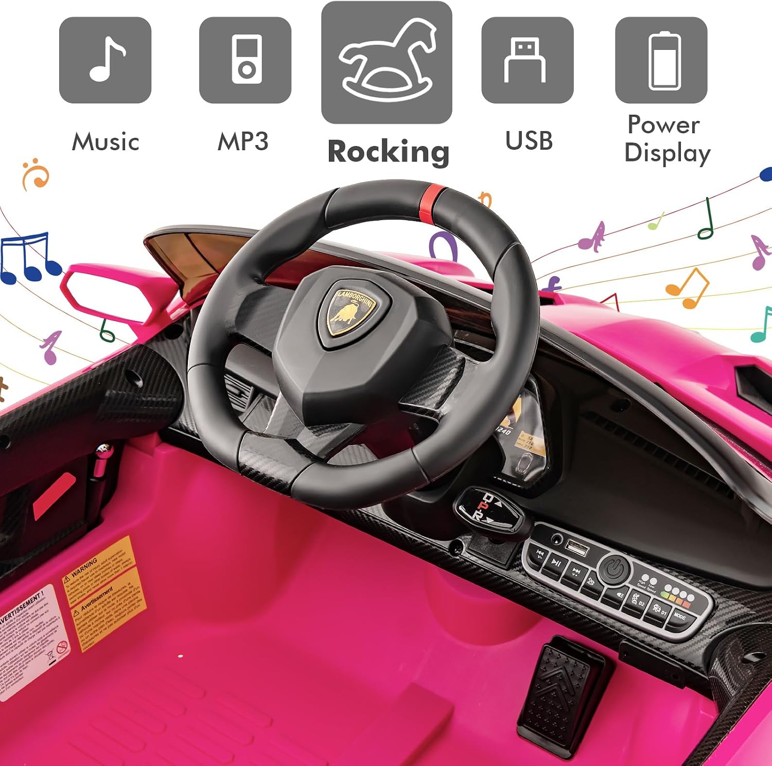 OLAKIDS 2 Seater Kids Ride On Car, 12V 4WD Licensed Lamborghini Veneno Electric Vehicle with Remote Control, Toddlers Battery Powered Toy Gift with 2 Speeds, Rocking Mode, Music, USB, MP3 (Pink) - Image 5