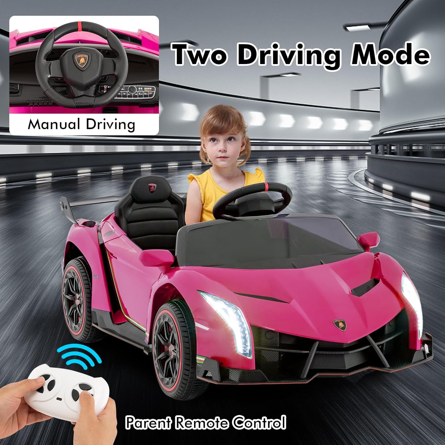 OLAKIDS 2 Seater Kids Ride On Car, 12V 4WD Licensed Lamborghini Veneno Electric Vehicle with Remote Control, Toddlers Battery Powered Toy Gift with 2 Speeds, Rocking Mode, Music, USB, MP3 (Pink) - Image 6