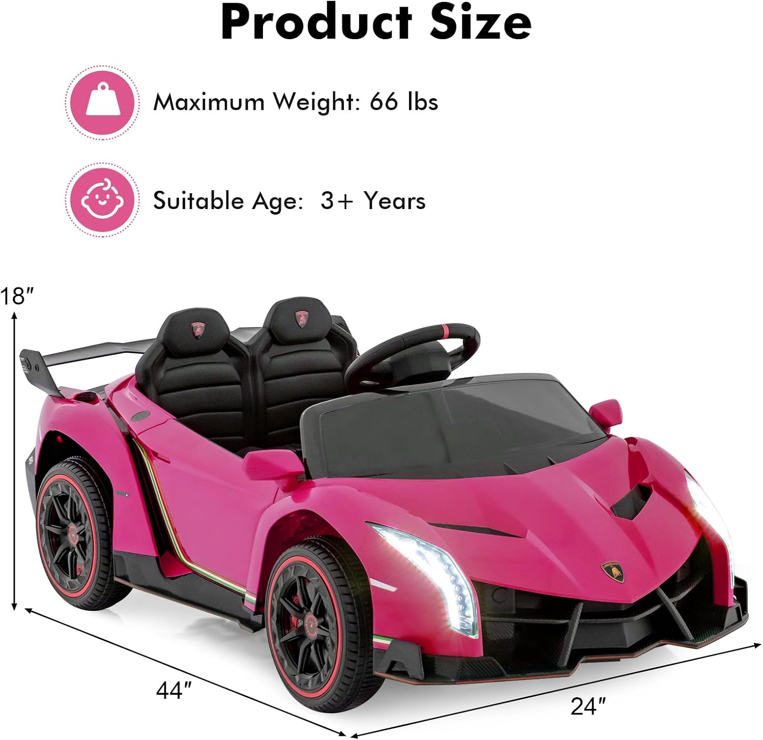 OLAKIDS 2 Seater Kids Ride On Car, 12V 4WD Licensed Lamborghini Veneno Electric Vehicle with Remote Control, Toddlers Battery Powered Toy Gift with 2 Speeds, Rocking Mode, Music, USB, MP3 (Pink) - Image 7