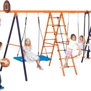 SUPER DEAL 6-in-1 Outdoor Swing Set for Kids, Heavy Duty Metal Playset with Adjustable Swings, Climbing Ladder, Rope Net, Swing Glider and Basketball Hoop, Backyard Playground Equipment for Ages 3-12