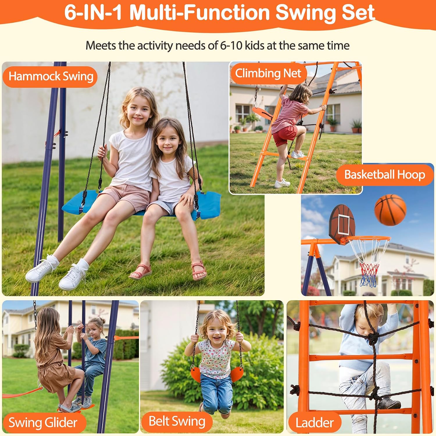 SUPER DEAL 6-in-1 Outdoor Swing Set for Kids, Heavy Duty Metal Playset with Adjustable Swings, Climbing Ladder, Rope Net, Swing Glider and Basketball Hoop, Backyard Playground Equipment for Ages 3-12 - Image 2