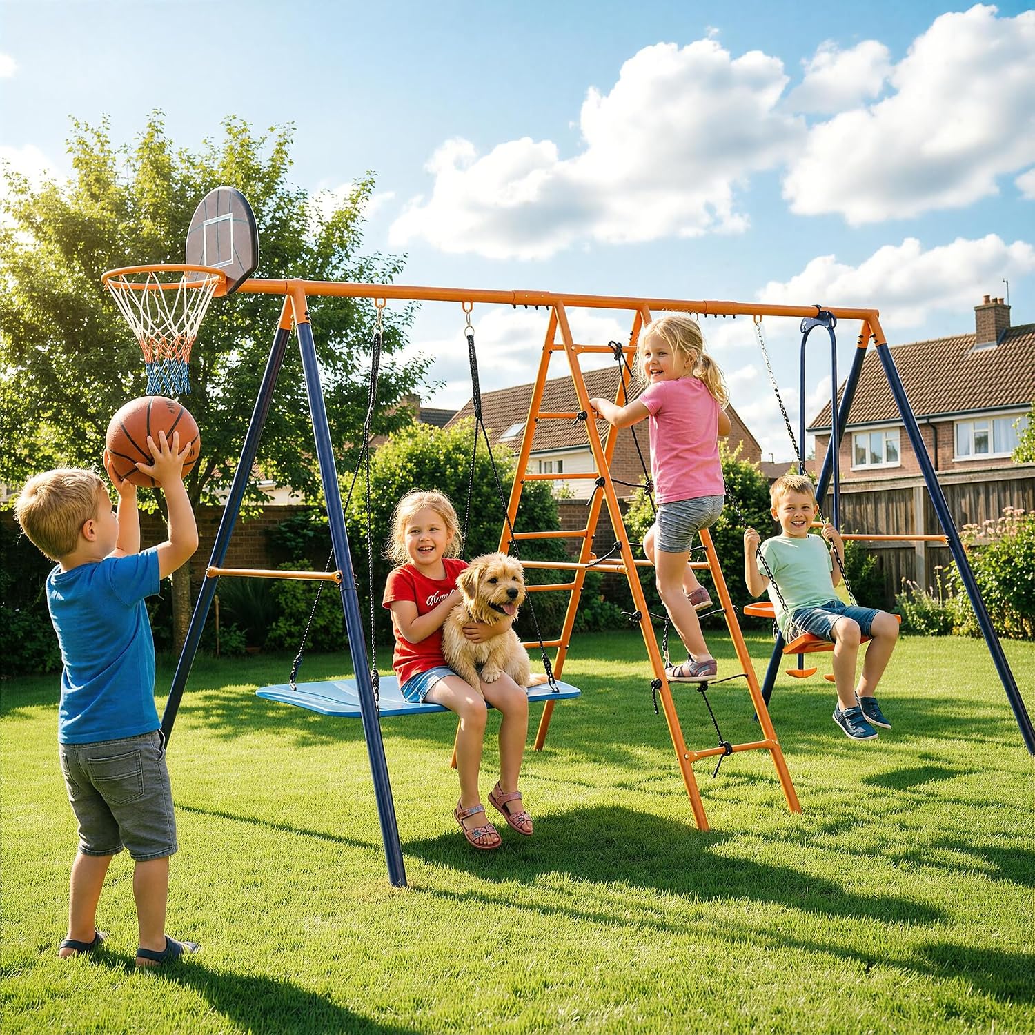 SUPER DEAL 6-in-1 Outdoor Swing Set for Kids, Heavy Duty Metal Playset with Adjustable Swings, Climbing Ladder, Rope Net, Swing Glider and Basketball Hoop, Backyard Playground Equipment for Ages 3-12 - Image 6