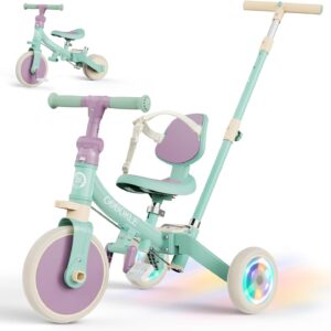 5-in-1 Tricycle for Toddlers 1-3, Convertible Toddler Bike with Push Handle & Removable Pedals, Balance Bike with Colorful Lighting Wheels, Adjustable Seat Height with Backrest(Green-Purple)
