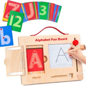JoyCat Wooden Letter Tracing Board for Toddlers 3-5, Magnetic Alphabet & Number Writing Practice Board with 36 Double-Sided Cards, Reusable Preschool Handwriting Toy, Travel Learning Activity