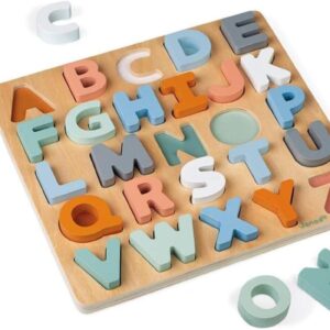 Janod – Sweet Cocoon Wooden Alphabet Learning Puzzle – Alphabet Learning – Stylish Stand-Up Letters – Enhances Language Skills, Boosts Self-Confidence – Includes Chalkboard Feature.