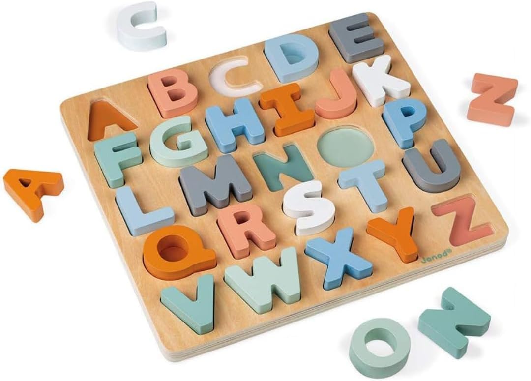 Janod - Sweet Cocoon Wooden Alphabet Learning Puzzle - Alphabet Learning - Stylish Stand-Up Letters - Enhances Language Skills, Boosts Self-Confidence - Includes Chalkboard Feature.