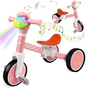 4-in-1 Toddler Balance Bike with Light & Music, Kids Tricycle for 1-5 Year Olds Boys Girls, Toddler Trike with Removable Pedals