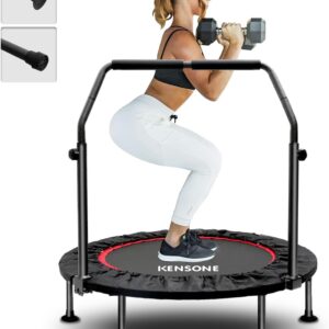 KENSONE 40″/48″ Foldable Mini Trampoline, Indoor Trampoline for Kids, Adults Indoor/Garden Workout, Fitness Rebounder with Adjustable Foam Handle, Max Load 330/450 lbs