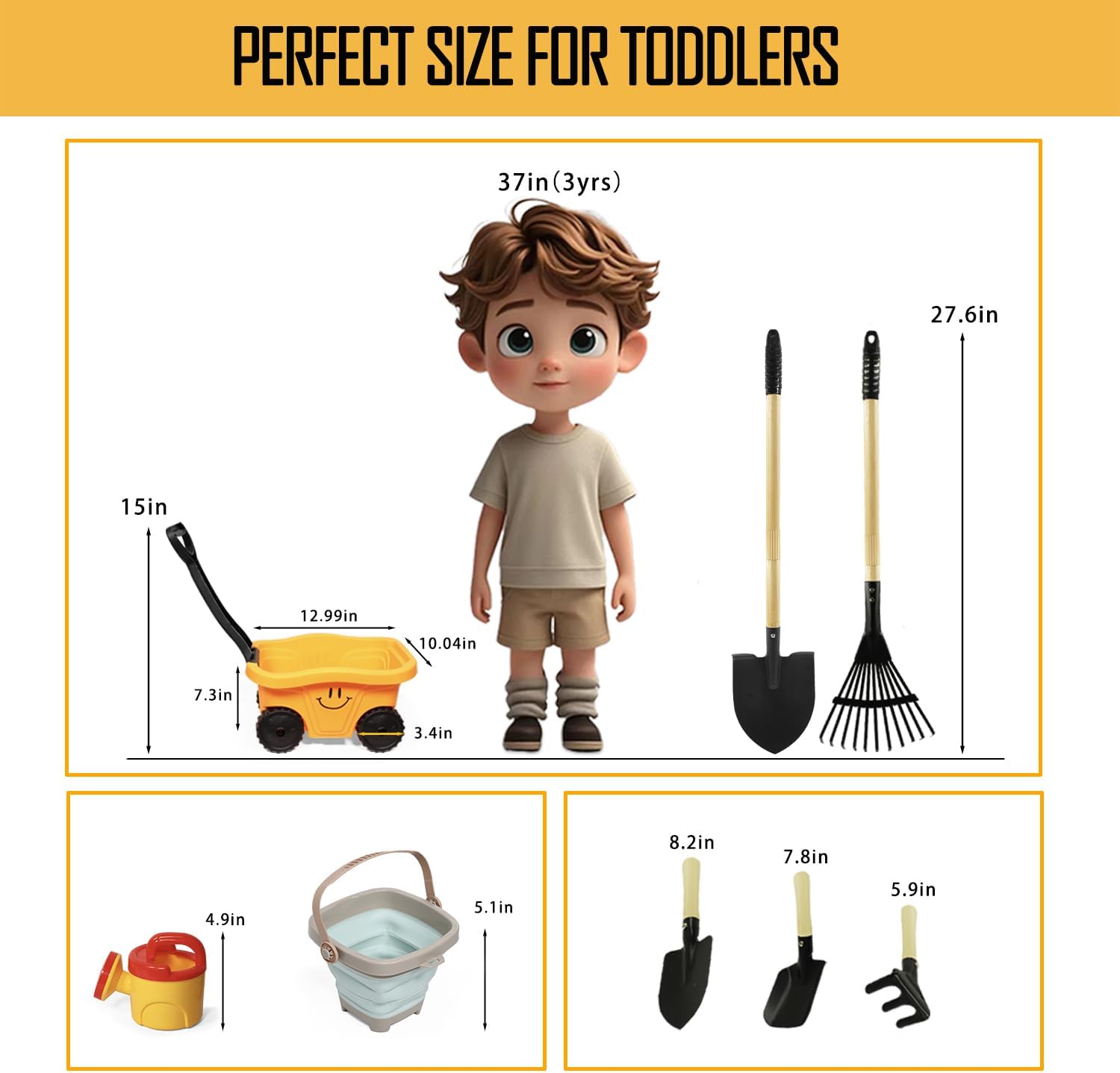 Toddlers Rake & Shovel Set with Wheelbarrow, Kids Yard Tools for Digging, Gardening, Beach, Sandbox, Lawn, Camping, Summer Outdoor Garden Toys Gifts for Children Age 3-6 Years Old - Image 2