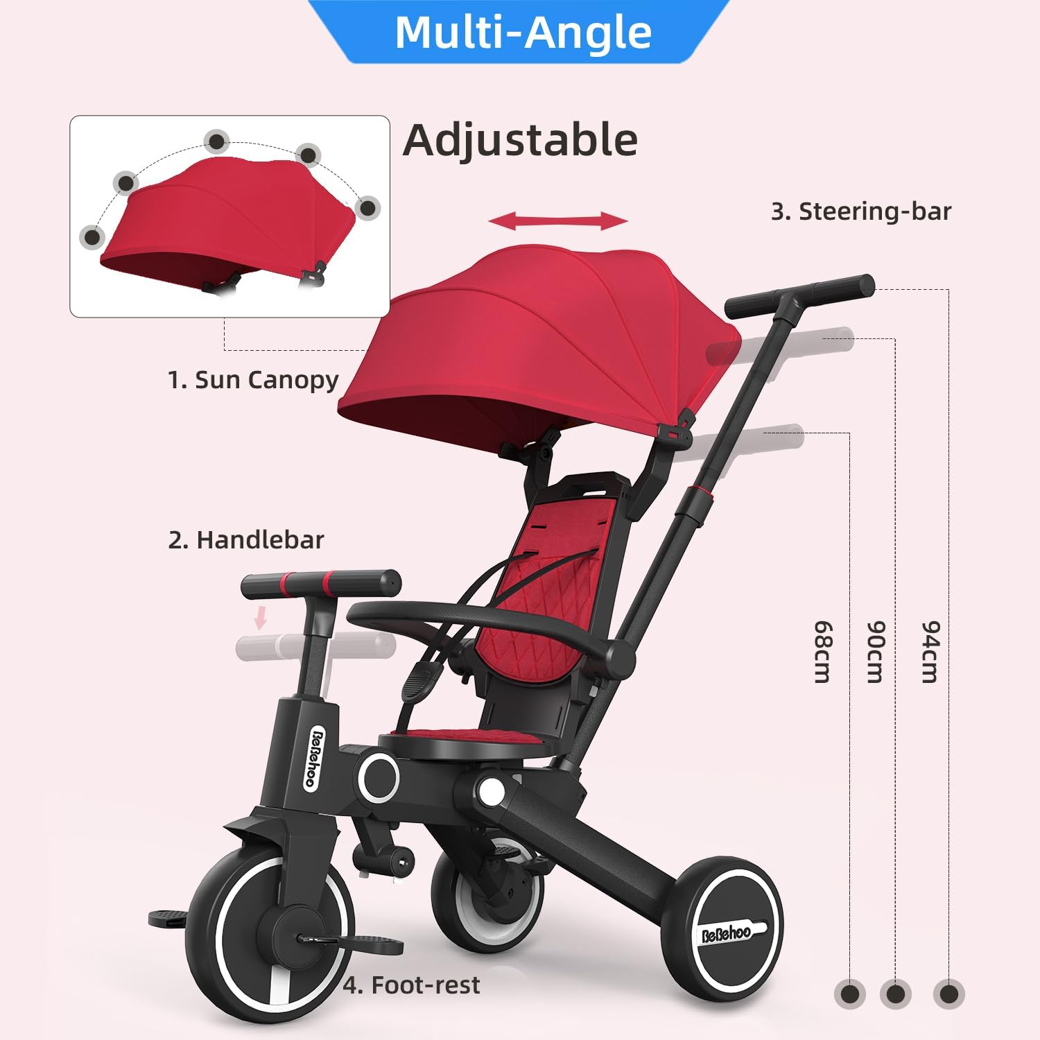 Tricycle Stroller for Toddler,Foldable Baby Tricycle,Kids Balance Bike with Push Handle,Toddlers Stroller Bike with 1 to 5 Years,7-in-1 Push Tricycle Bike for Kids (Red) - Image 6