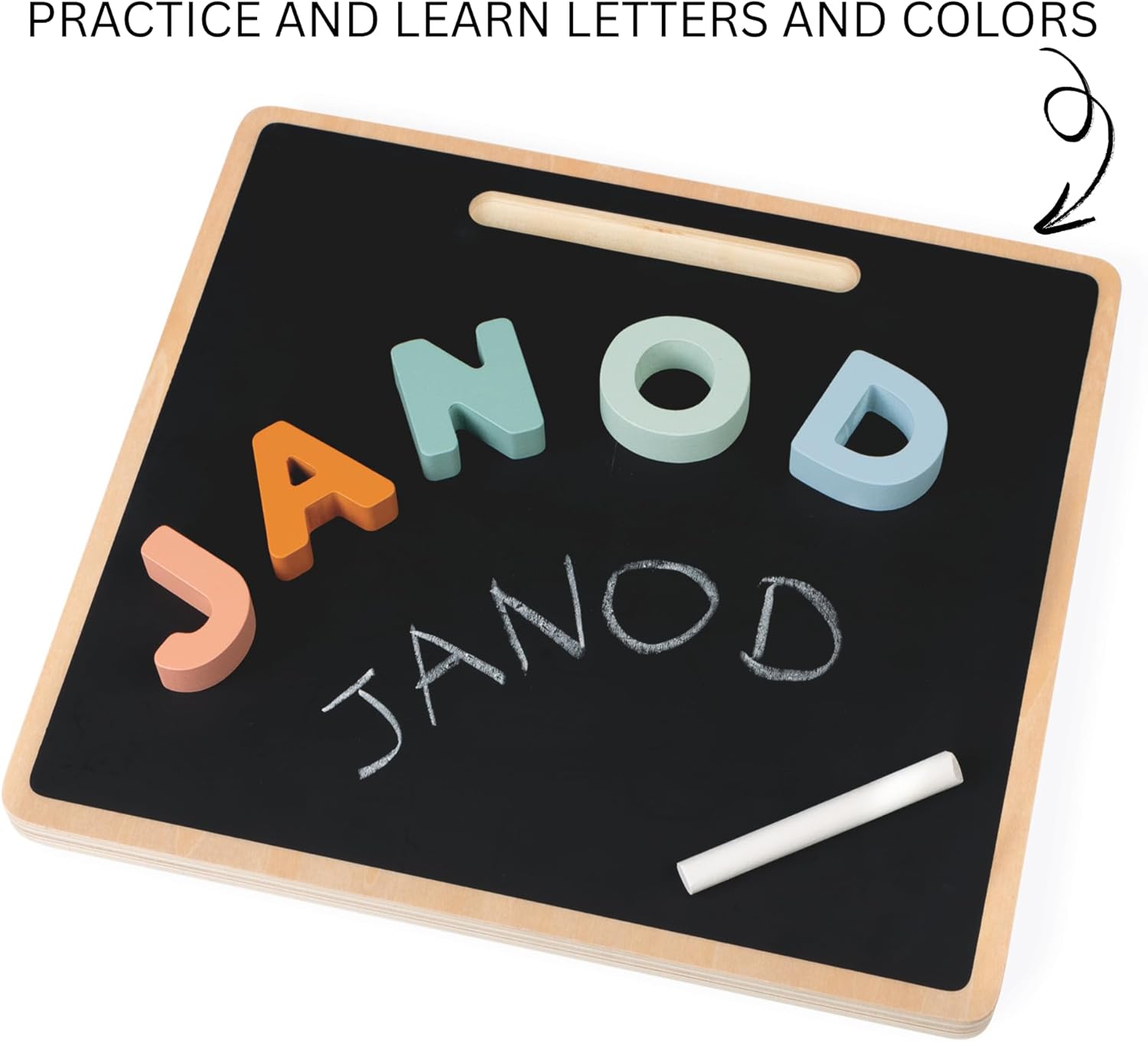 Janod - Sweet Cocoon Wooden Alphabet Learning Puzzle - Alphabet Learning - Stylish Stand-Up Letters - Enhances Language Skills, Boosts Self-Confidence - Includes Chalkboard Feature. - Image 3