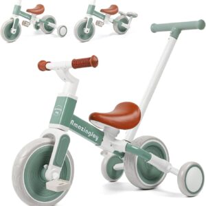 6 in 1 Toddler Tricycle for 1-3 Years Old Kids Balance Bike with Handlebar Push Trike Baby Balance Bike with Removable Pedal Adjustable Seat Birthday Gift for Kids Brown…