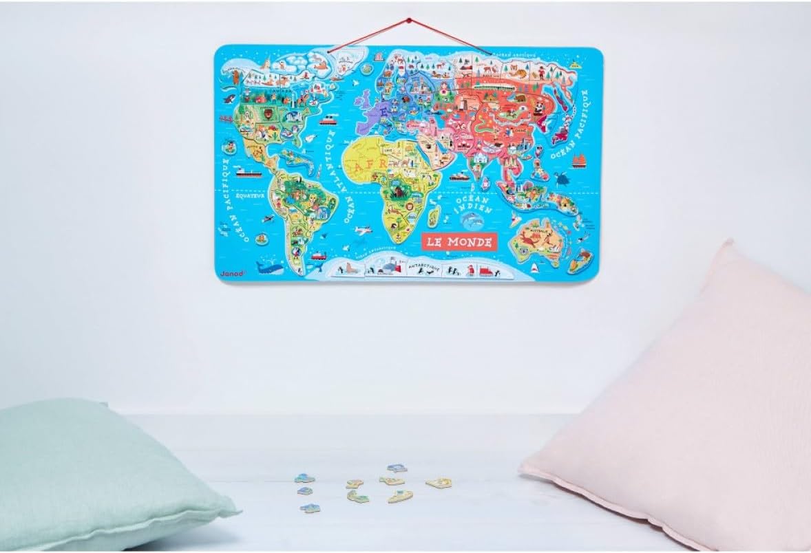 Janod - Wooden Magnetic World Map Puzzle 70 x 43 cm - Assembling Puzzles Together - Educational Geography Tool - Interactive Exploration, Durable Magnetic Pieces - Ages 7+ - J05504 - Image 2
