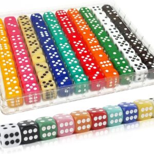 SLSESIN 100 Pieces 16MM Dice Set, 6 Sided Standard Colored Dices with Portable Plastic Box, Opaque 10 Colors Games Dice for Board Games, Parties, Classroom Math Bulk Dice