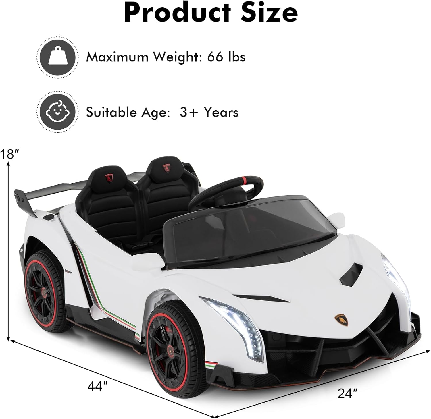 INFANS 2 Seater Kids Ride on Car, 12V 4WD Licensed Lamborghini Veneno Powered Electric Vehicle with Hydraulic Doors, Rocking Mode, Adjustable Speeds, Remote Control, MP3, Headlight (White) - Image 6