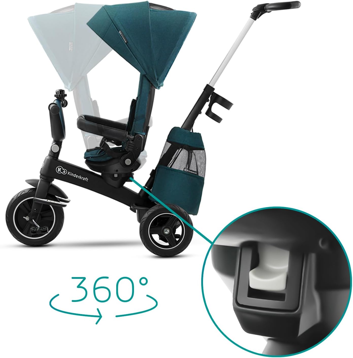 Kinderkraft EASYTWIST Trycicle for Kids Toddlers, Trike 5-in-1, Swivel seat 360° Rotation, Waterproof Material with UPF50+ Filter, Adjustable Parent Handle, Green - Image 5