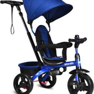 INFANS Kids Tricycle, 6 in 1 Stroll Trike with Adjustable Push Handle, Removable Canopy, Retractable Foot Plate, Lockable Pedal, Detachable Guardrail, Suitable for 10 Months to 5 Years (Blue)