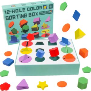 12-Hole Color Shape Sorting Box – Montessori Toy for Toddlers 3-5 Years, Geometric Colors & Shapes Learning Game, Fine Motor Activity for Preschool Classroom, Birthday Gift for Boys and Girls