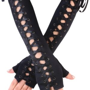 JISEN Womens Fingerless Gloves Elbow Lace Up steampunk Costume Arm Warmer